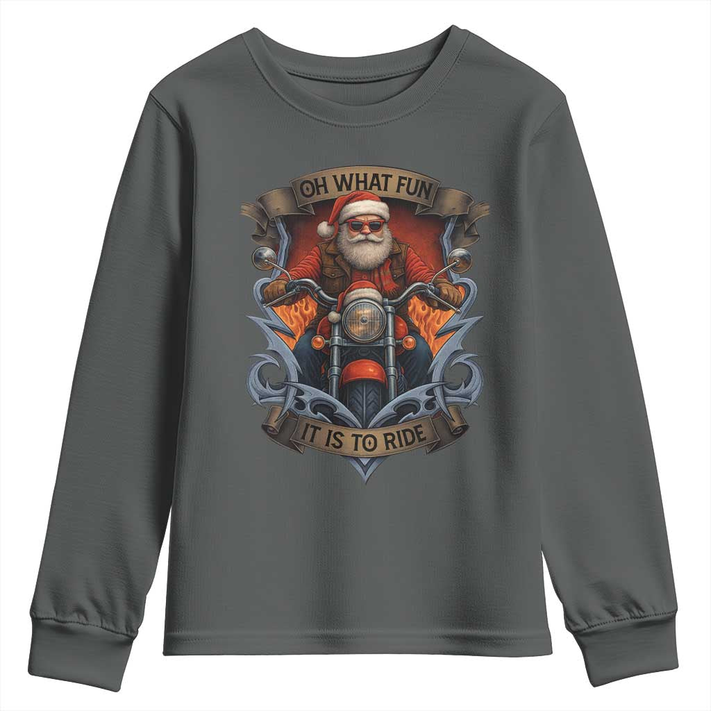 Funny Christmas Motorcycle Santa Youth Sweatshirt Oh What Fun It Is To Ride Xmas Biker - Wonder Print Shop