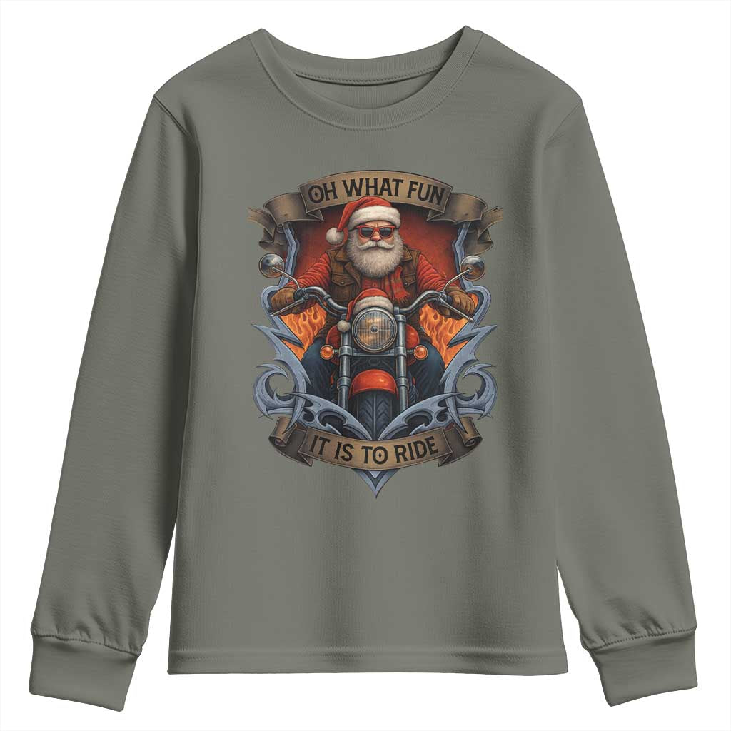Funny Christmas Motorcycle Santa Youth Sweatshirt Oh What Fun It Is To Ride Xmas Biker - Wonder Print Shop