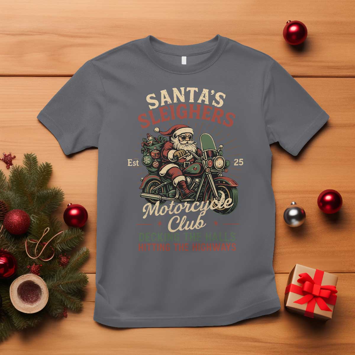 Funny Christmas Motorcycle Biker T Shirt Santas Sleighers Motorcycle Club Decking The Halls - Wonder Print Shop