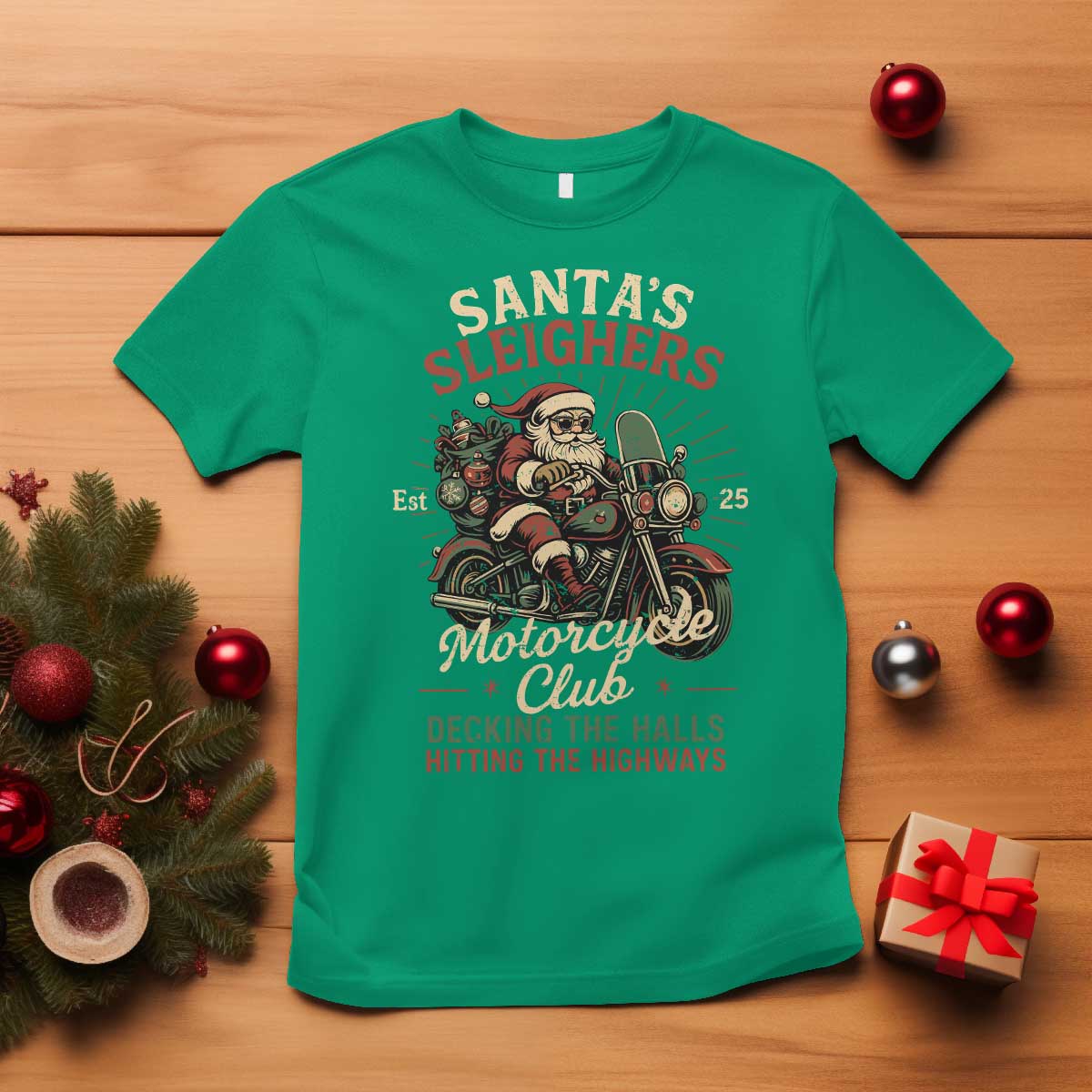 Funny Christmas Motorcycle Biker T Shirt Santas Sleighers Motorcycle Club Decking The Halls - Wonder Print Shop