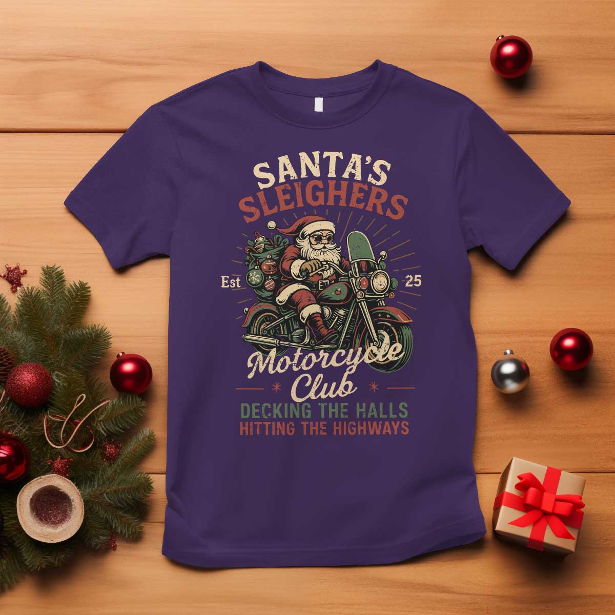 Funny Christmas Motorcycle Biker T Shirt Santas Sleighers Motorcycle Club Decking The Halls - Wonder Print Shop