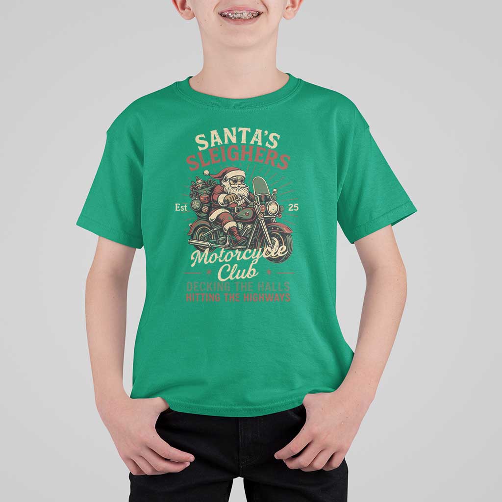Funny Christmas Motorcycle Biker T Shirt For Kid Santas Sleighers Motorcycle Club Decking The Halls - Wonder Print Shop