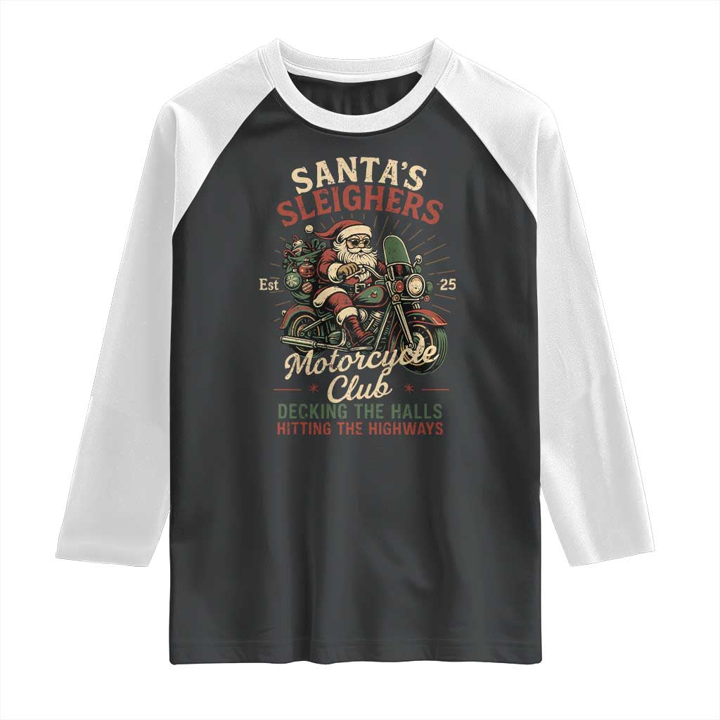 Funny Christmas Motorcycle Biker Raglan Shirt Santas Sleighers Motorcycle Club Decking The Halls - Wonder Print Shop