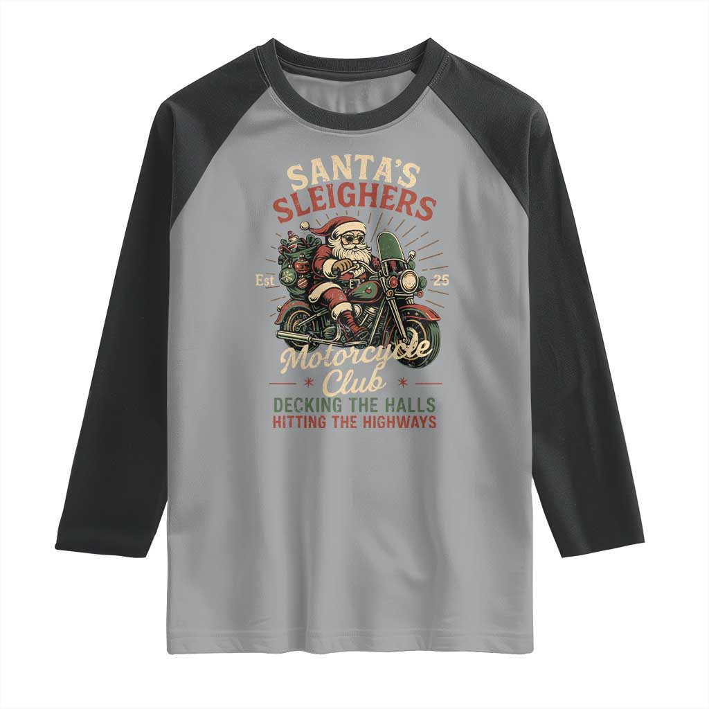 Funny Christmas Motorcycle Biker Raglan Shirt Santas Sleighers Motorcycle Club Decking The Halls - Wonder Print Shop