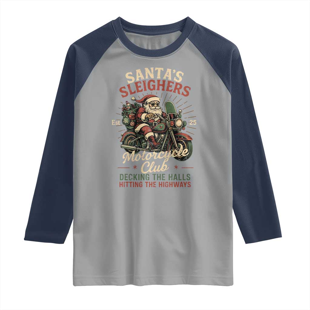 Funny Christmas Motorcycle Biker Raglan Shirt Santas Sleighers Motorcycle Club Decking The Halls - Wonder Print Shop