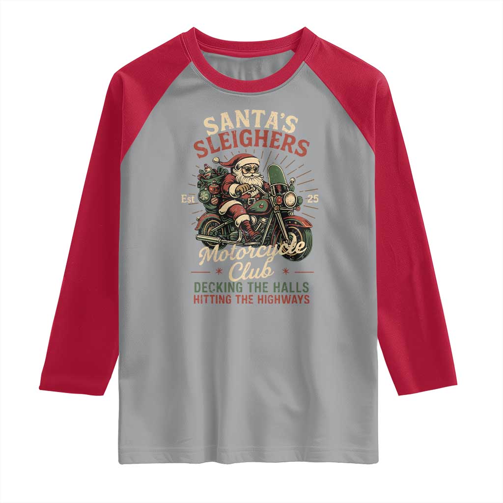 Funny Christmas Motorcycle Biker Raglan Shirt Santas Sleighers Motorcycle Club Decking The Halls - Wonder Print Shop