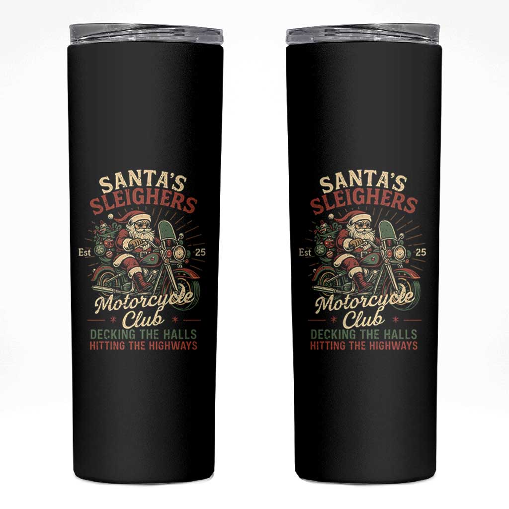 Funny Christmas Motorcycle Biker Skinny Tumbler Santas Sleighers Motorcycle Club Decking The Halls - Wonder Print Shop