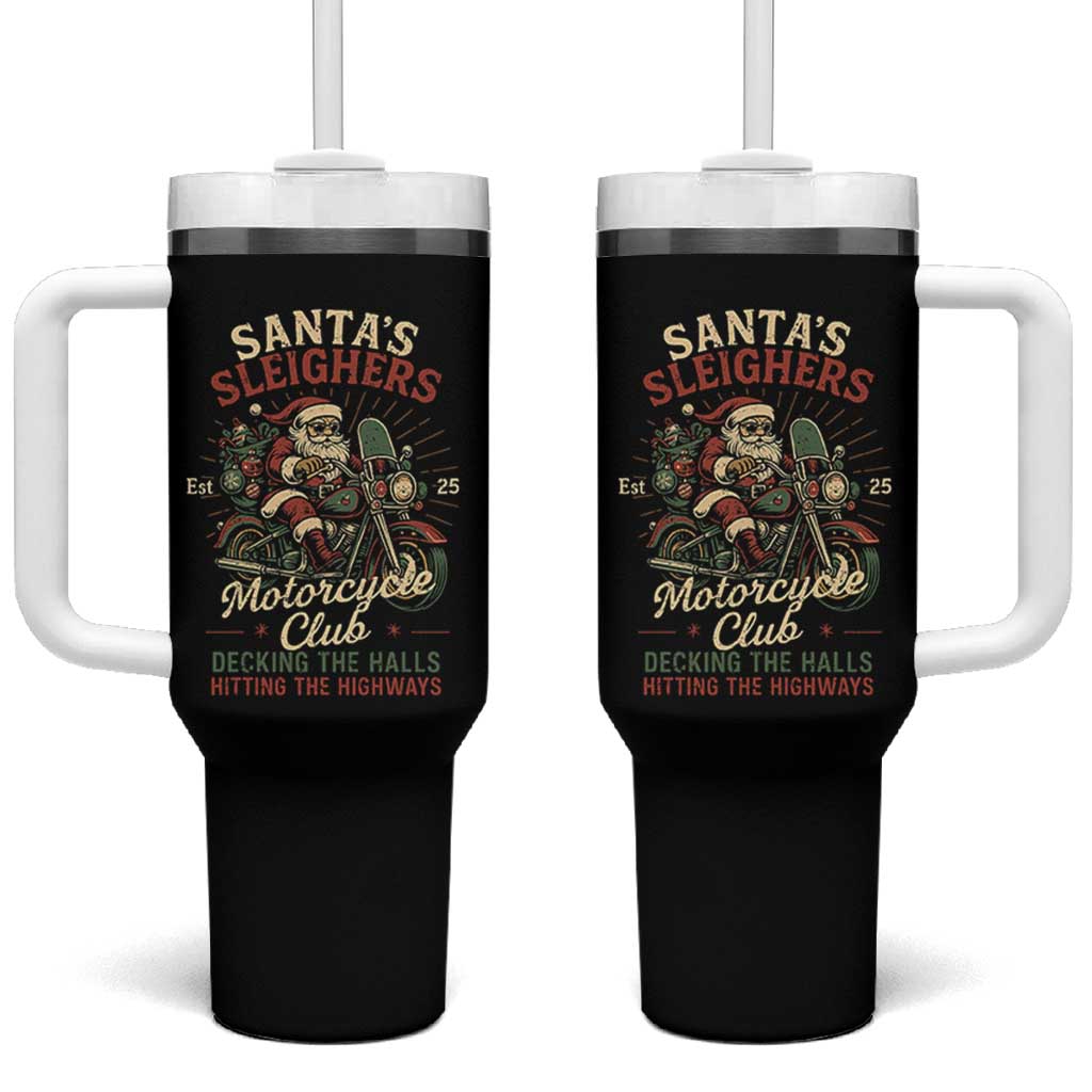 Funny Christmas Motorcycle Biker Tumbler With Handle Santas Sleighers Motorcycle Club Decking The Halls - Wonder Print Shop
