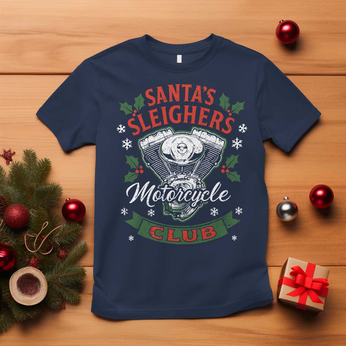 Christmas Motorcycle Biker T Shirt Santas Sleighers Motorcycle Club - Wonder Print Shop