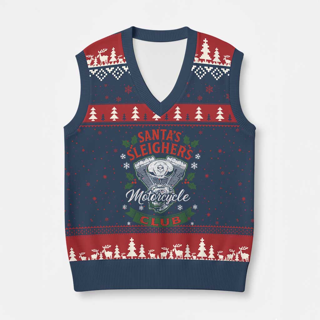 Xmas Motorcycle Biker V-Neck Knit Sweater Vest Santas Sleighers Motorcycle Club - Wonder Print Shop