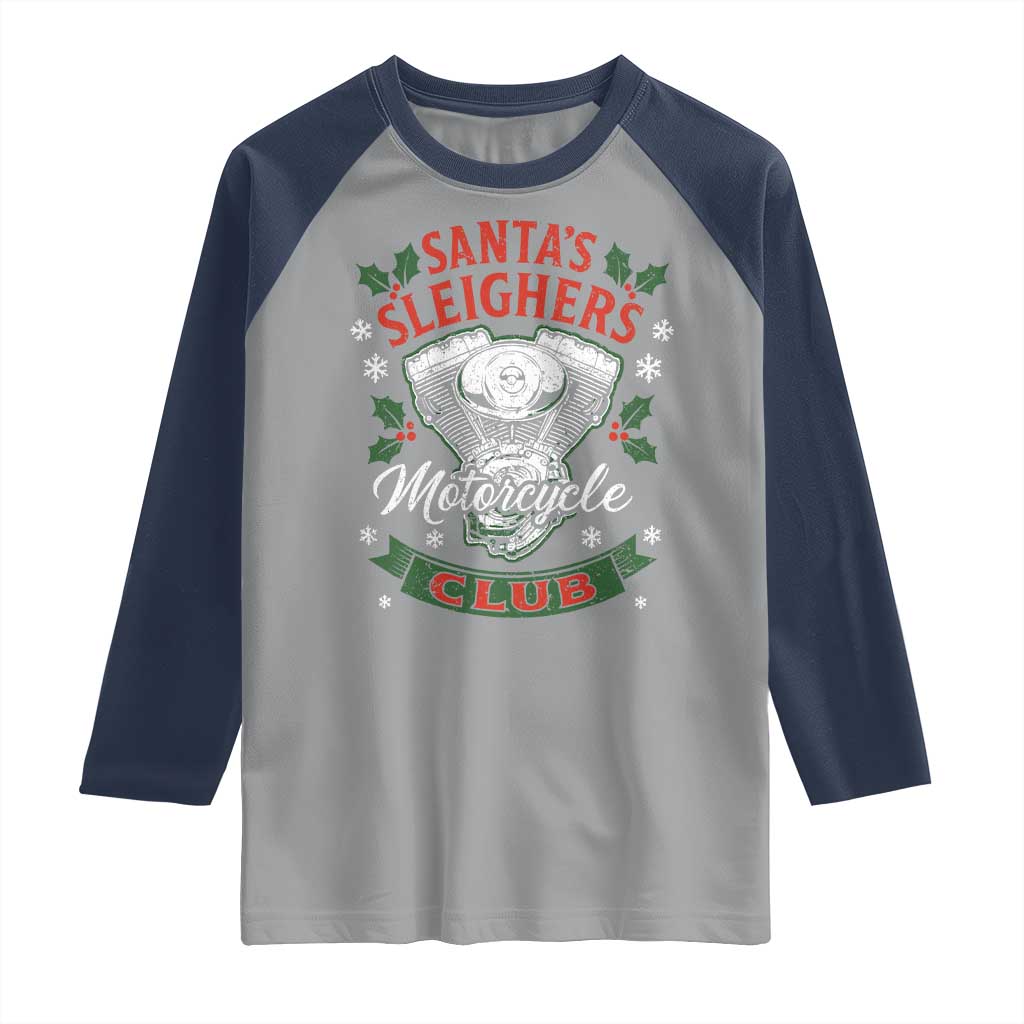 Christmas Motorcycle Biker Raglan Shirt Santas Sleighers Motorcycle Club - Wonder Print Shop