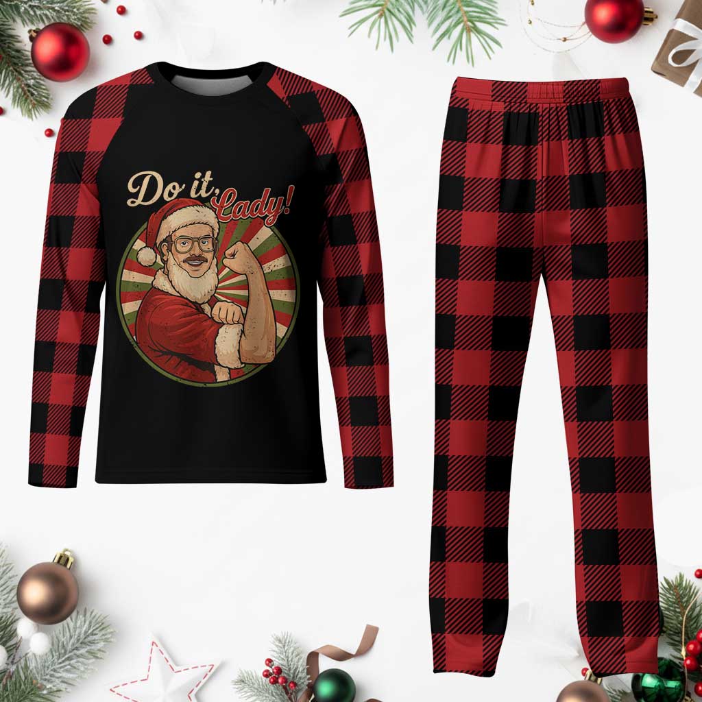 Funny Christmas Do It Lady Plaid Pajama Set Mustache Guy Meme Santa Cosplay - Wonder Print Shop