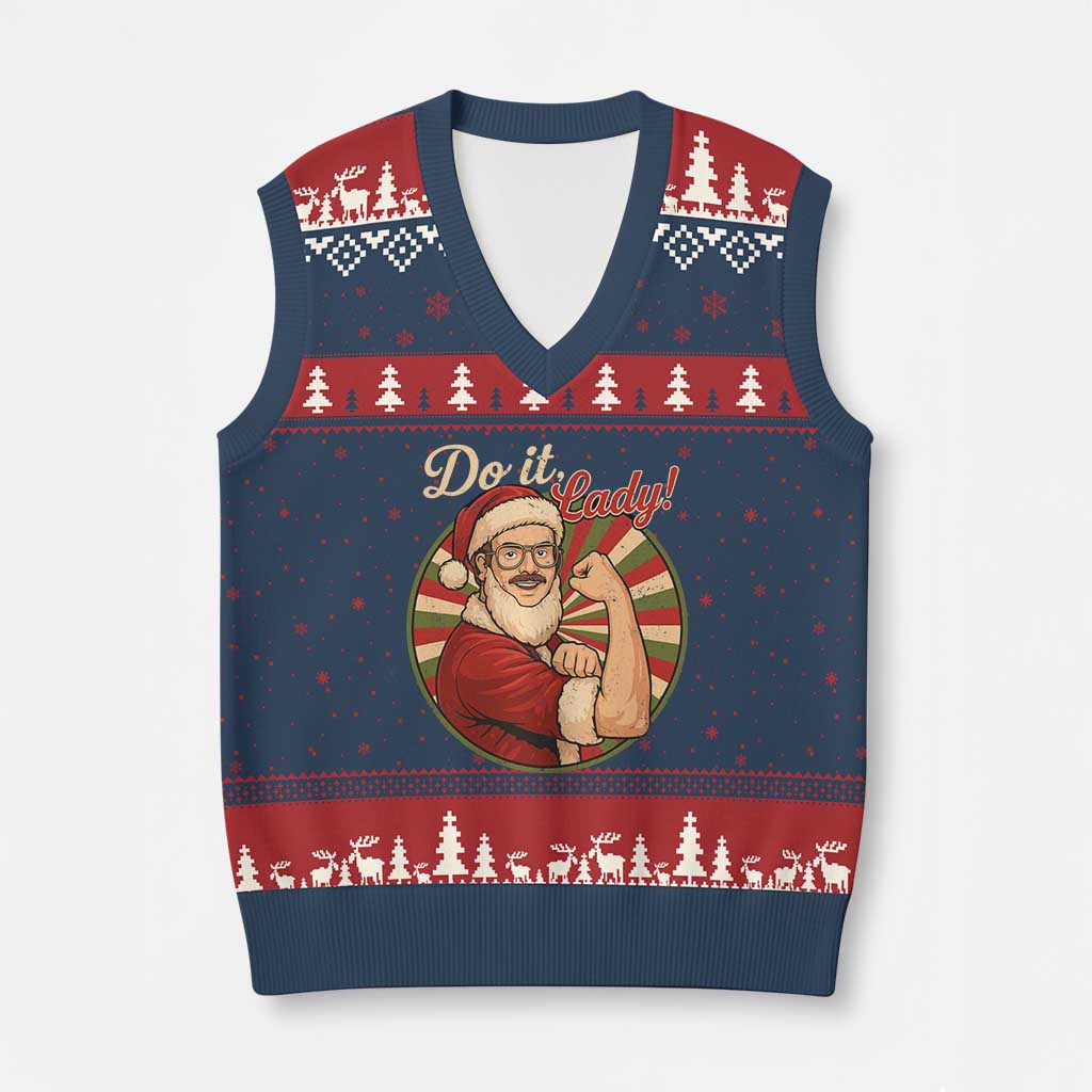 Funny Xmas Do It Lady V-Neck Knit Sweater Vest Mustache Guy Meme Santa Cosplay - Wonder Print Shop