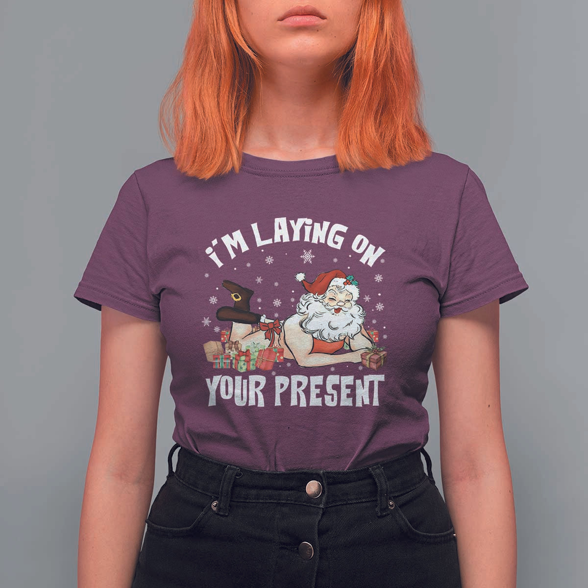 Funny Naughty Christmas Santa T Shirt For Women I'm Laying On Your Present - Wonder Print Shop