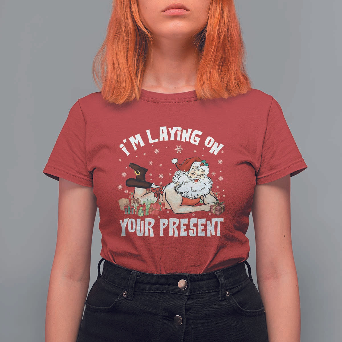 Funny Naughty Christmas Santa T Shirt For Women I'm Laying On Your Present - Wonder Print Shop