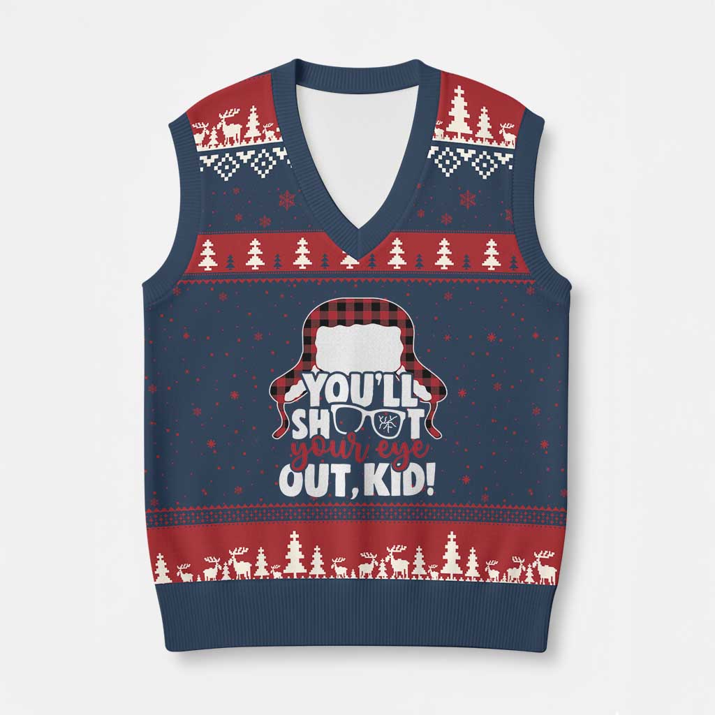 Funny You Will Shoot Your Eye Out Kid V-Neck Knit Sweater Vest Xmas Movie Glasses Hat - Wonder Print Shop