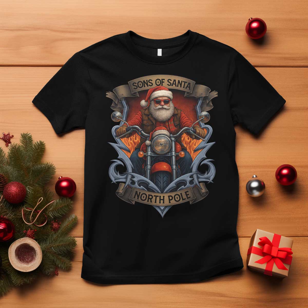 Funny Christmas Motorcycle Santa T Shirt Sons Of Santa North Pole Xmas Biker - Wonder Print Shop