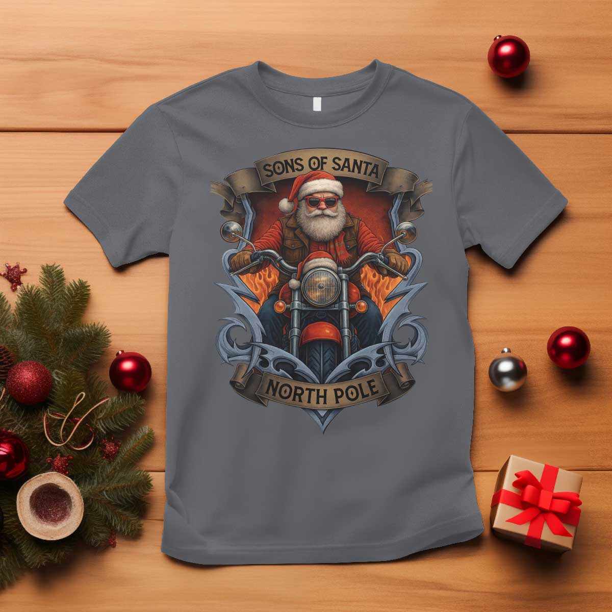 Funny Christmas Motorcycle Santa T Shirt Sons Of Santa North Pole Xmas Biker - Wonder Print Shop