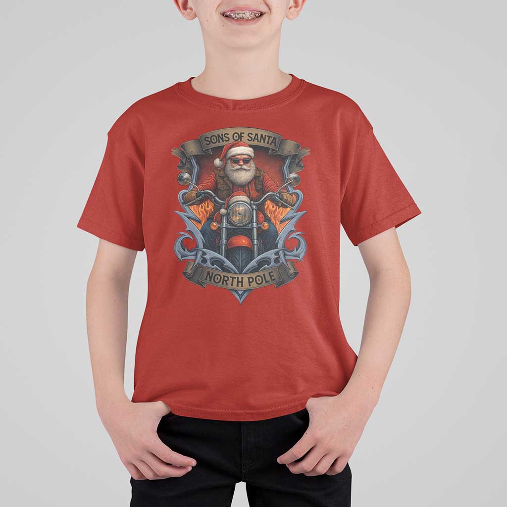 Funny Christmas Motorcycle Santa T Shirt For Kid Sons Of Santa North Pole Xmas Biker - Wonder Print Shop