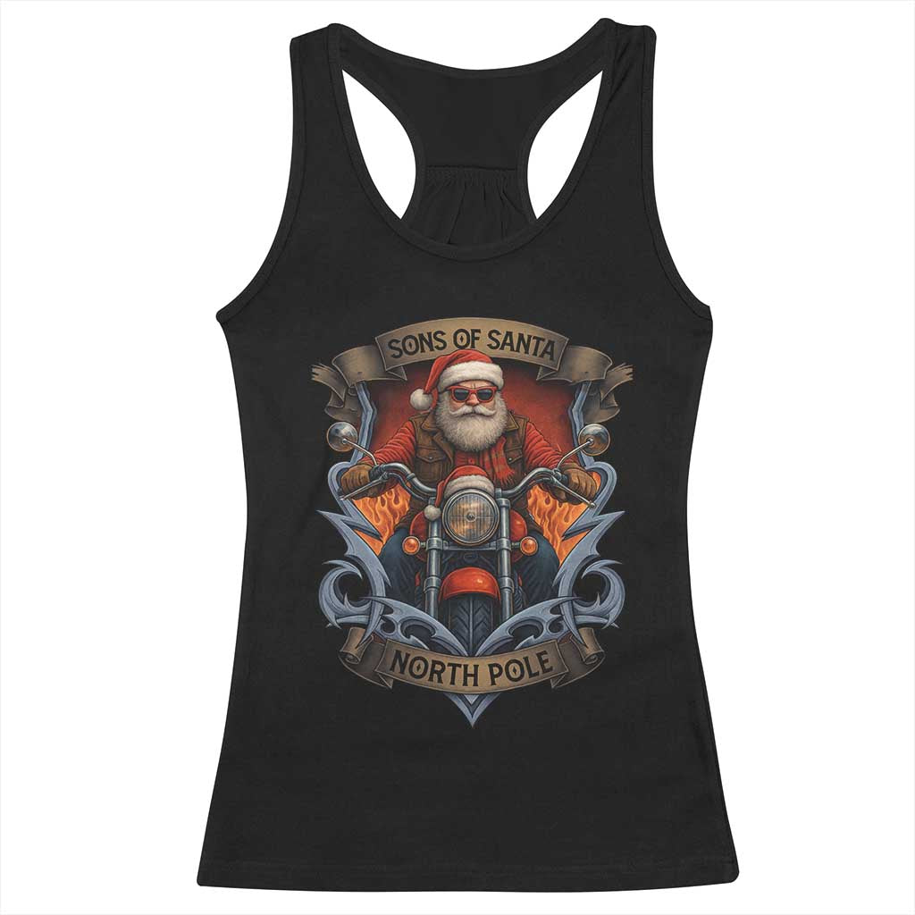 Funny Christmas Motorcycle Santa Racerback Tank Top Sons Of Santa North Pole Xmas Biker - Wonder Print Shop