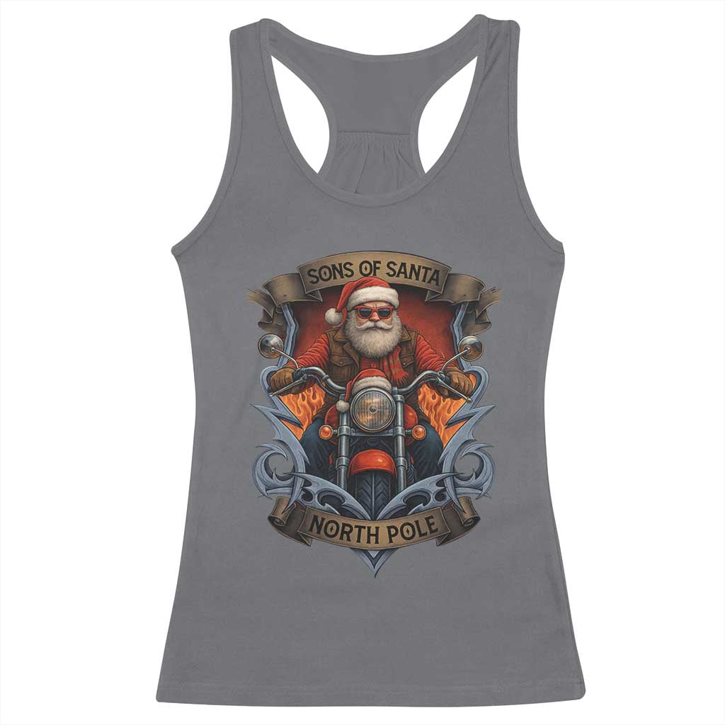 Funny Christmas Motorcycle Santa Racerback Tank Top Sons Of Santa North Pole Xmas Biker - Wonder Print Shop
