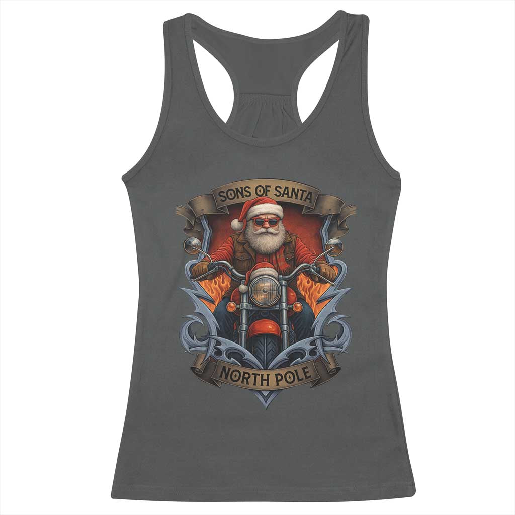 Funny Christmas Motorcycle Santa Racerback Tank Top Sons Of Santa North Pole Xmas Biker - Wonder Print Shop