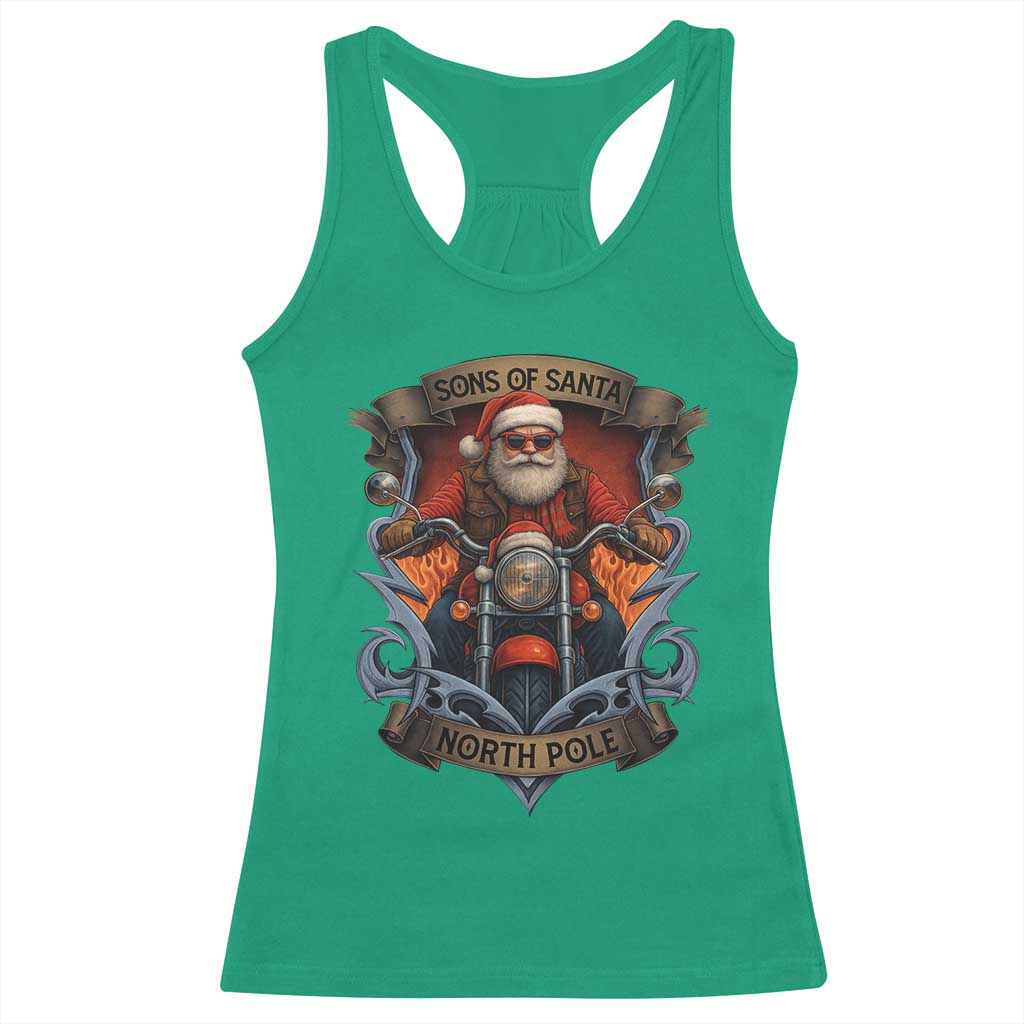 Funny Christmas Motorcycle Santa Racerback Tank Top Sons Of Santa North Pole Xmas Biker - Wonder Print Shop