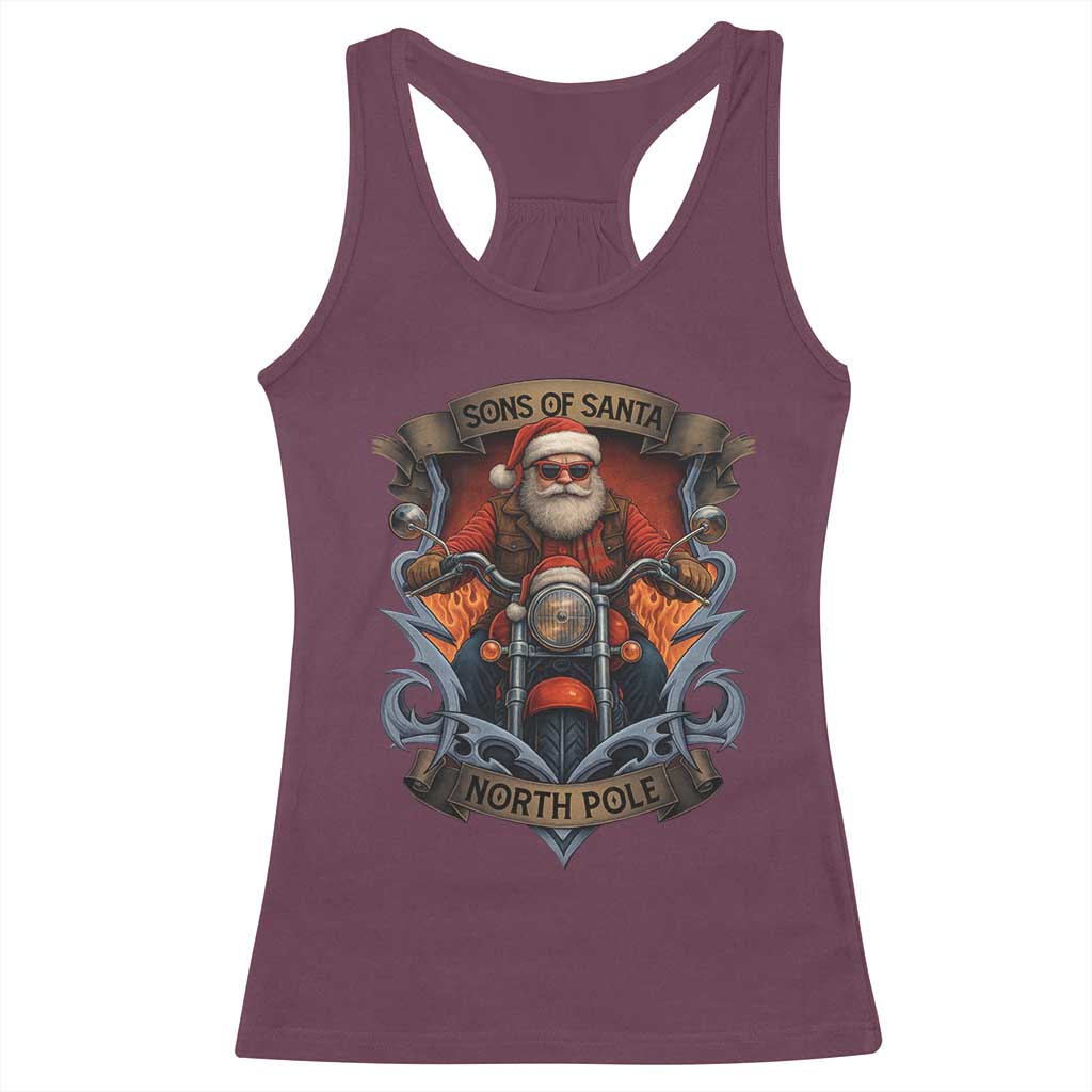 Funny Christmas Motorcycle Santa Racerback Tank Top Sons Of Santa North Pole Xmas Biker - Wonder Print Shop