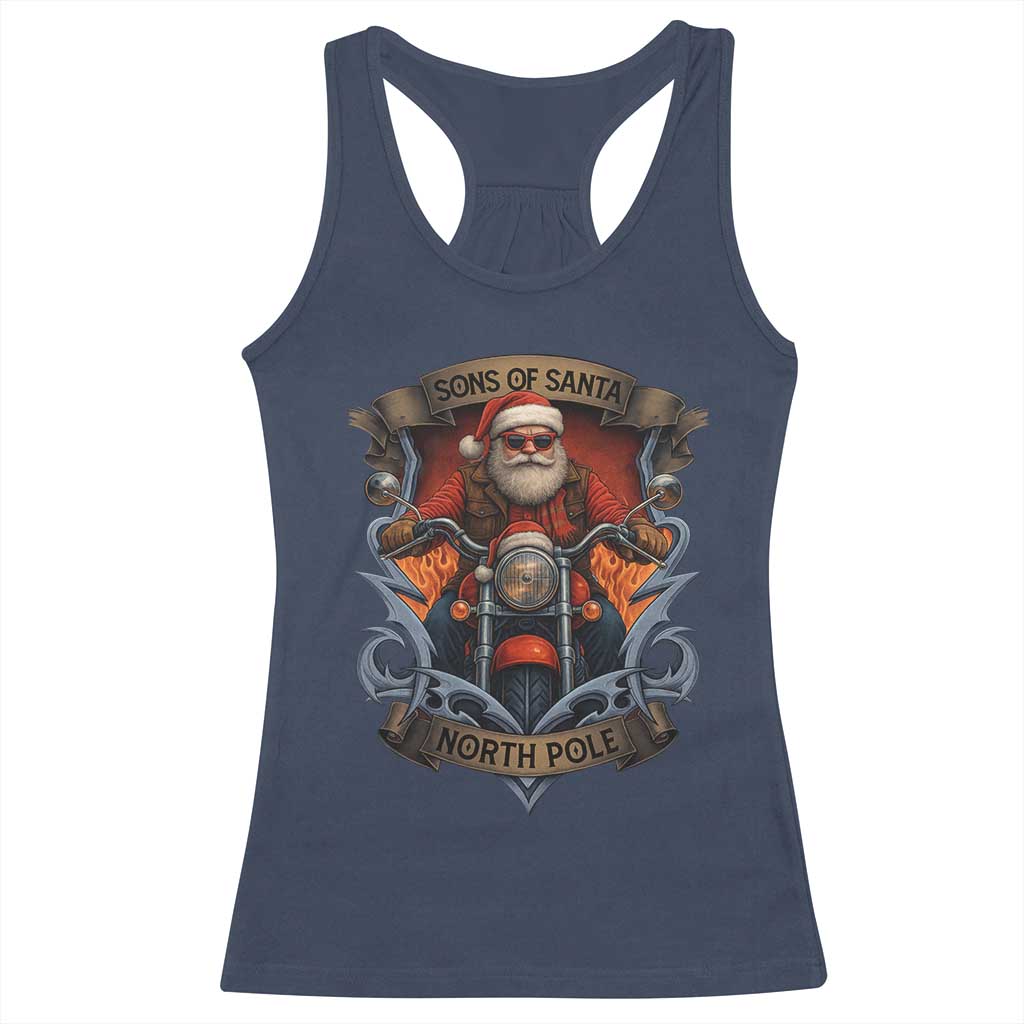 Funny Christmas Motorcycle Santa Racerback Tank Top Sons Of Santa North Pole Xmas Biker - Wonder Print Shop