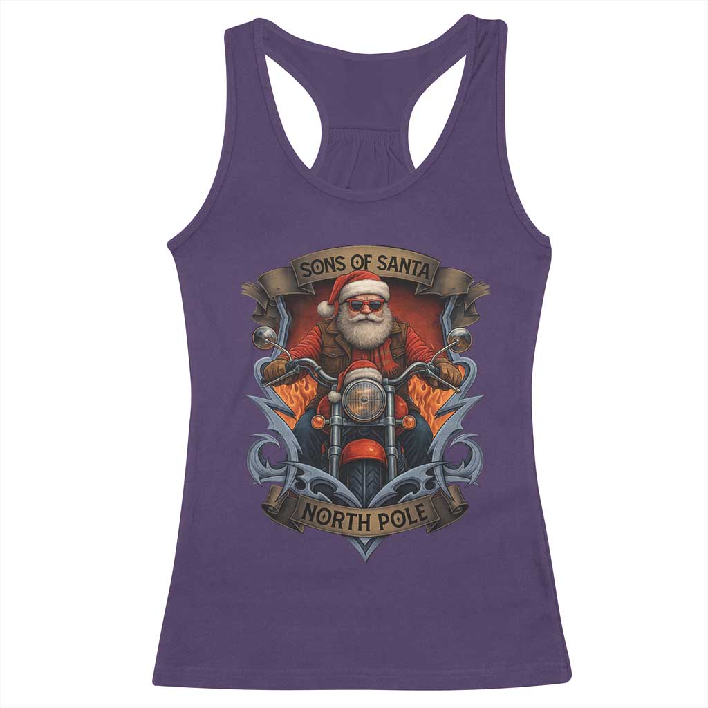 Funny Christmas Motorcycle Santa Racerback Tank Top Sons Of Santa North Pole Xmas Biker - Wonder Print Shop