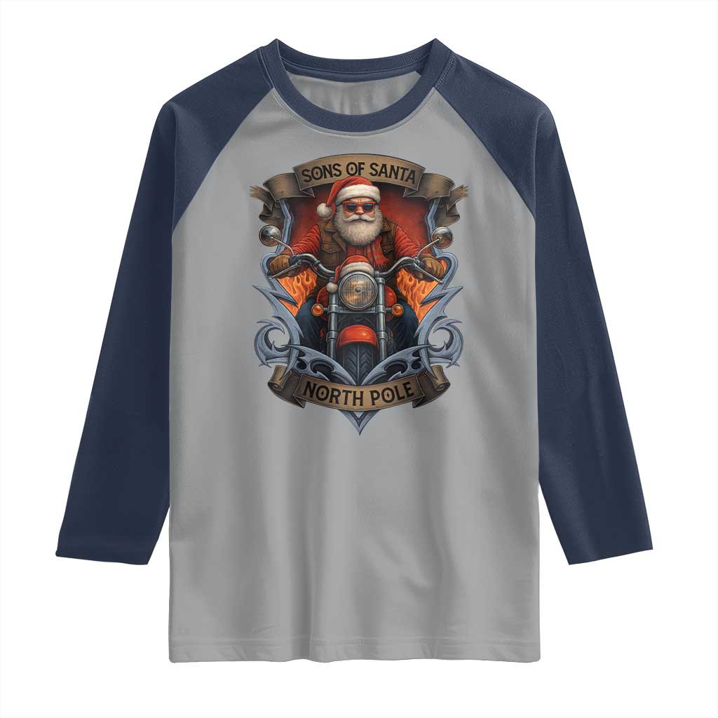 Funny Christmas Motorcycle Santa Raglan Shirt Sons Of Santa North Pole Xmas Biker - Wonder Print Shop