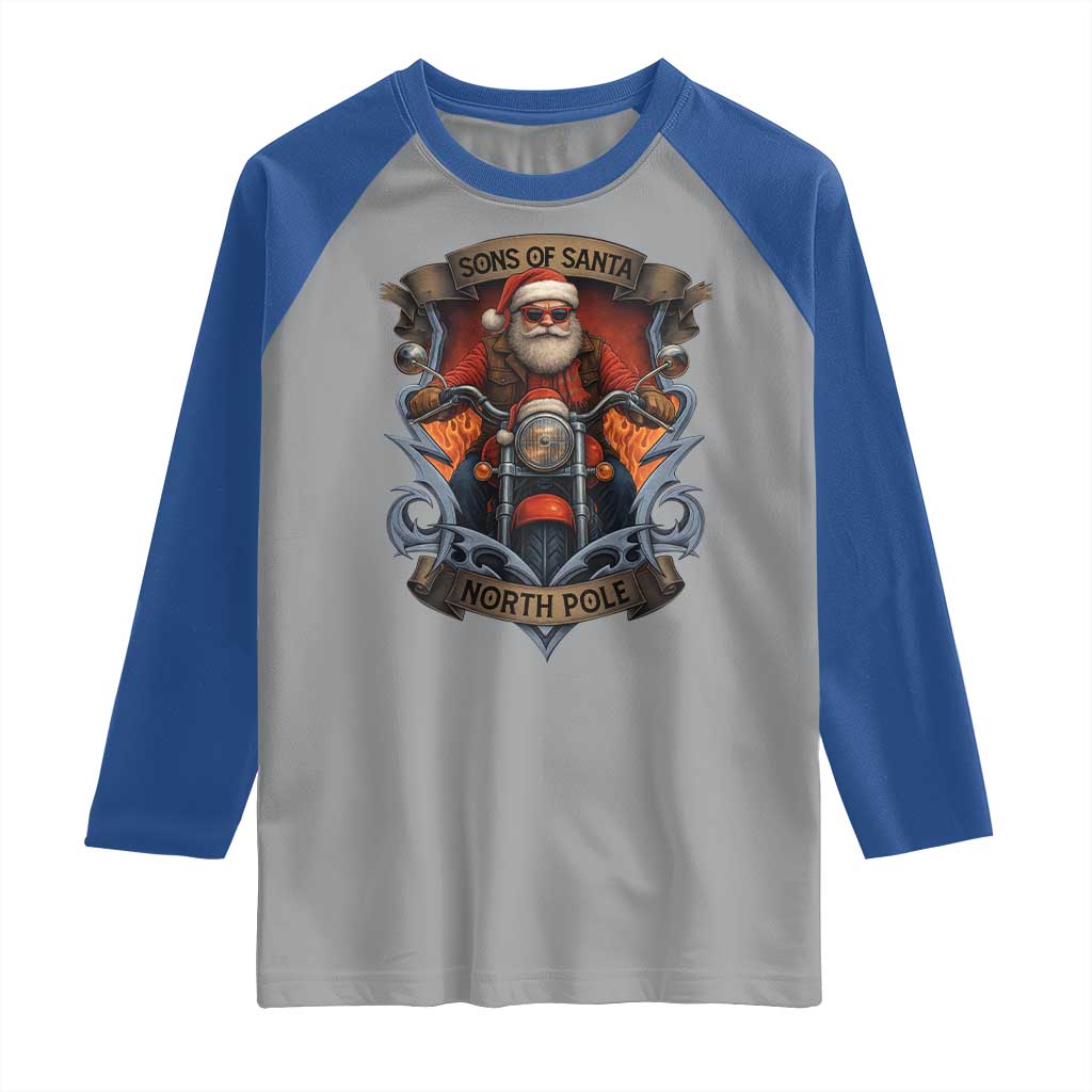 Funny Christmas Motorcycle Santa Raglan Shirt Sons Of Santa North Pole Xmas Biker - Wonder Print Shop