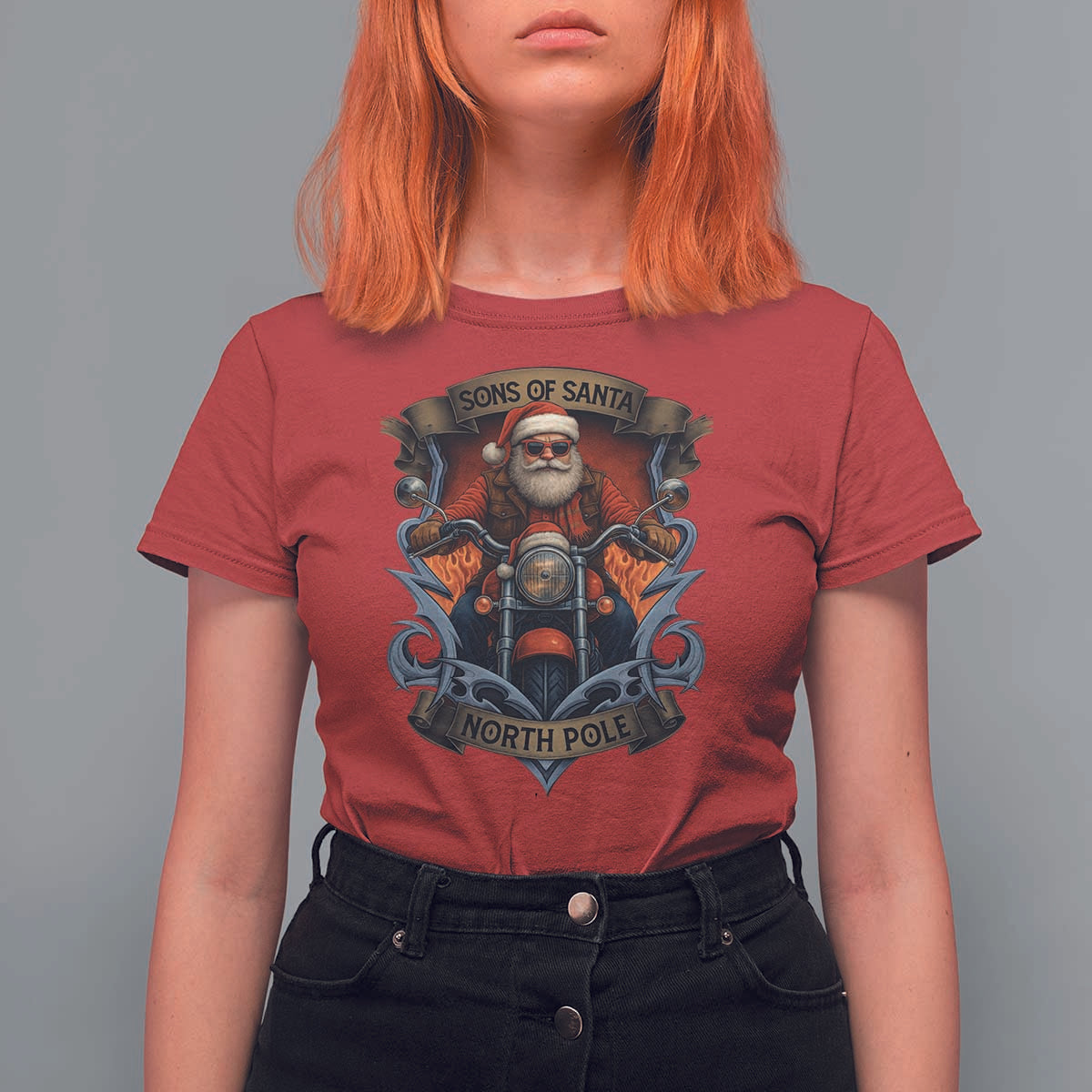 Funny Christmas Motorcycle Santa T Shirt For Women Sons Of Santa North Pole Xmas Biker - Wonder Print Shop