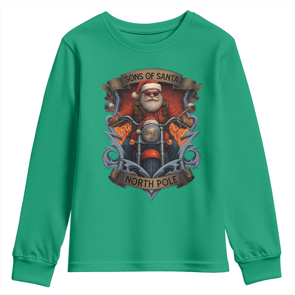 Funny Christmas Motorcycle Santa Youth Sweatshirt Sons Of Santa North Pole Xmas Biker - Wonder Print Shop