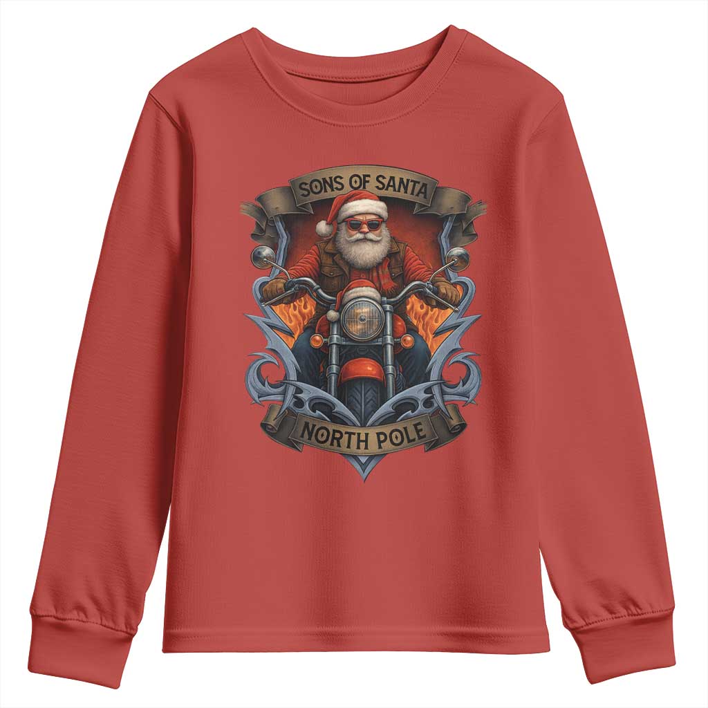 Funny Christmas Motorcycle Santa Youth Sweatshirt Sons Of Santa North Pole Xmas Biker - Wonder Print Shop