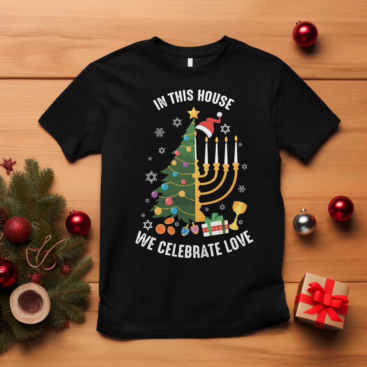 Funny Chrismukkah Hanukkah Christmas T Shirt In This House We Celebrate Love Xmas Tree Menorah - Wonder Print Shop