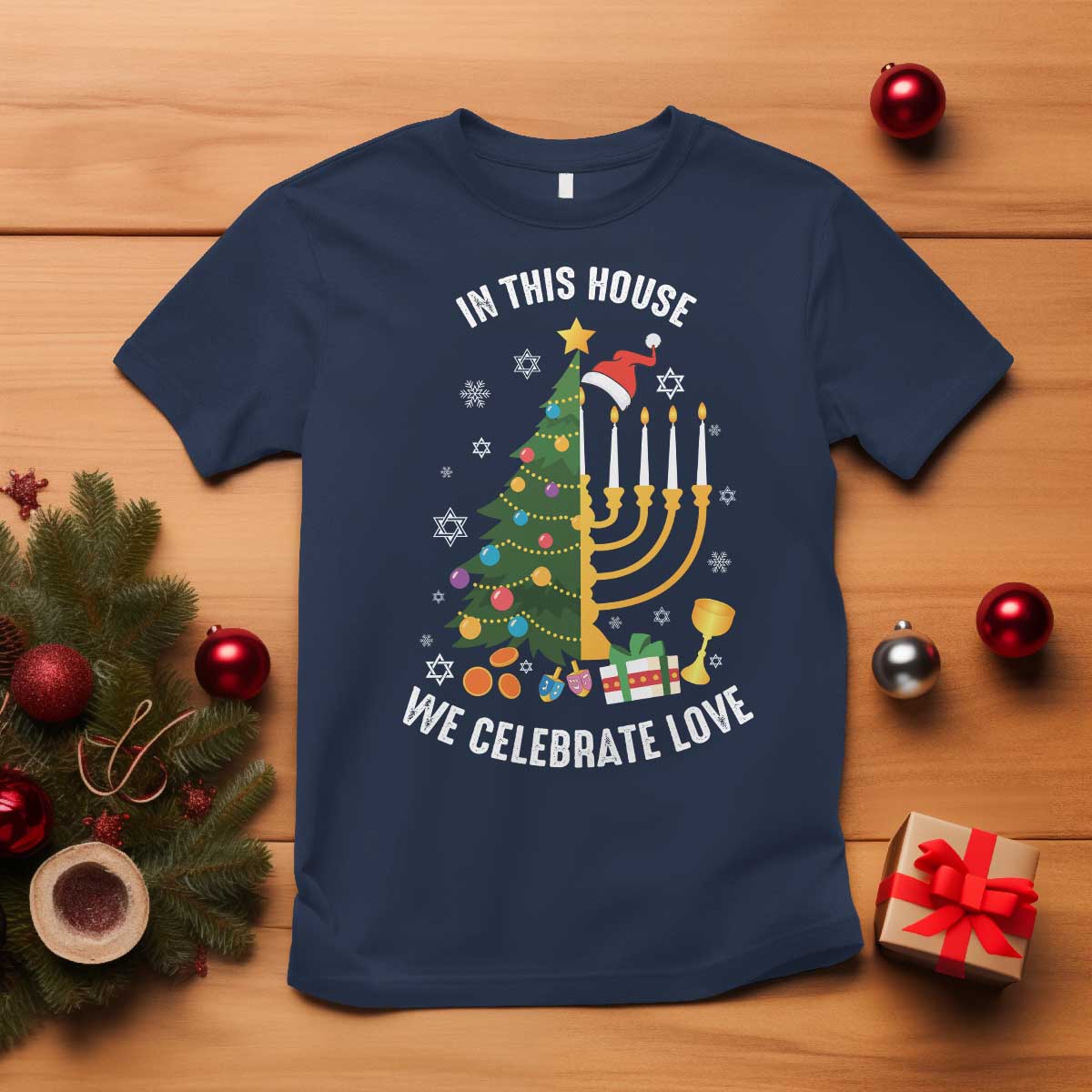 Funny Chrismukkah Hanukkah Christmas T Shirt In This House We Celebrate Love Xmas Tree Menorah - Wonder Print Shop
