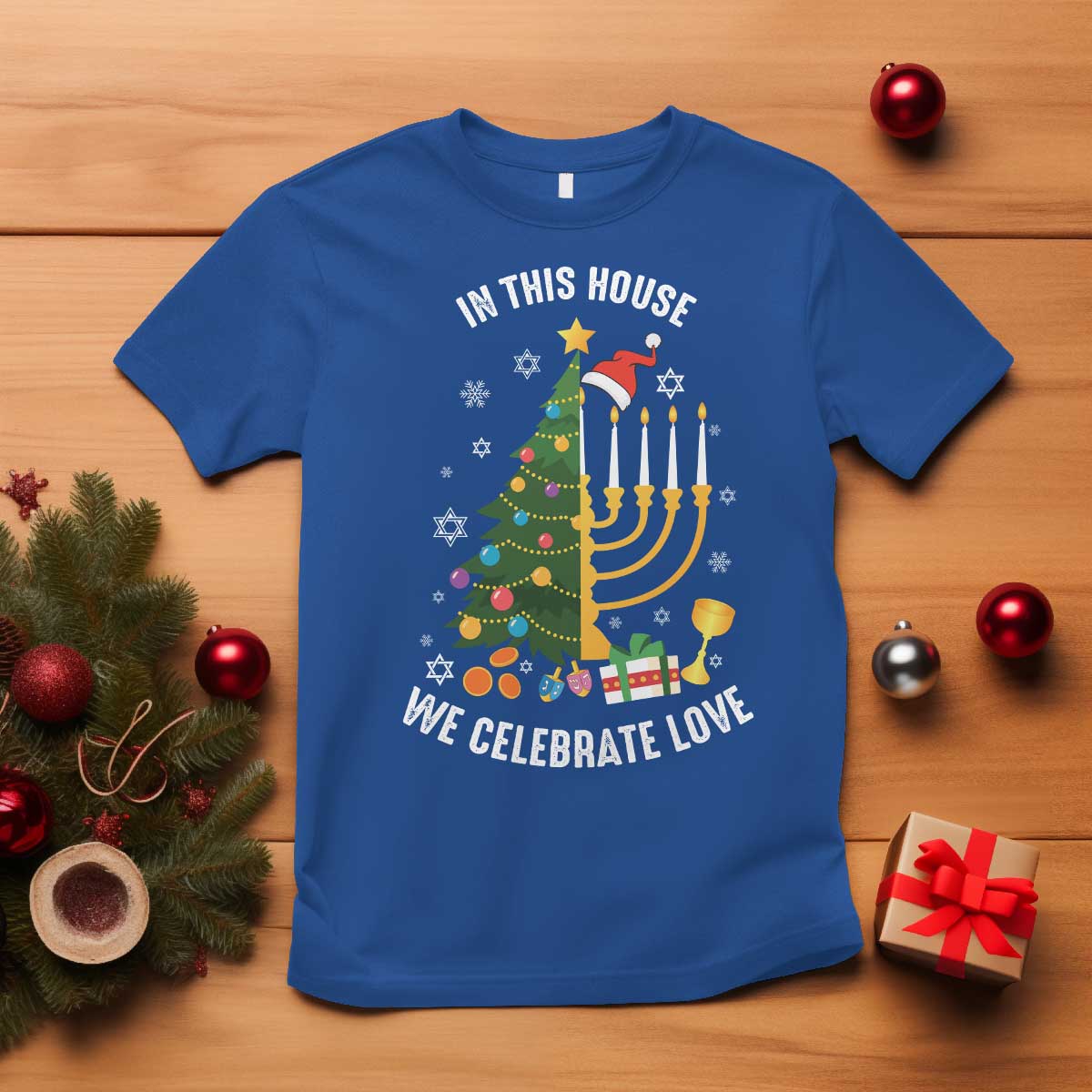 Funny Chrismukkah Hanukkah Christmas T Shirt In This House We Celebrate Love Xmas Tree Menorah - Wonder Print Shop