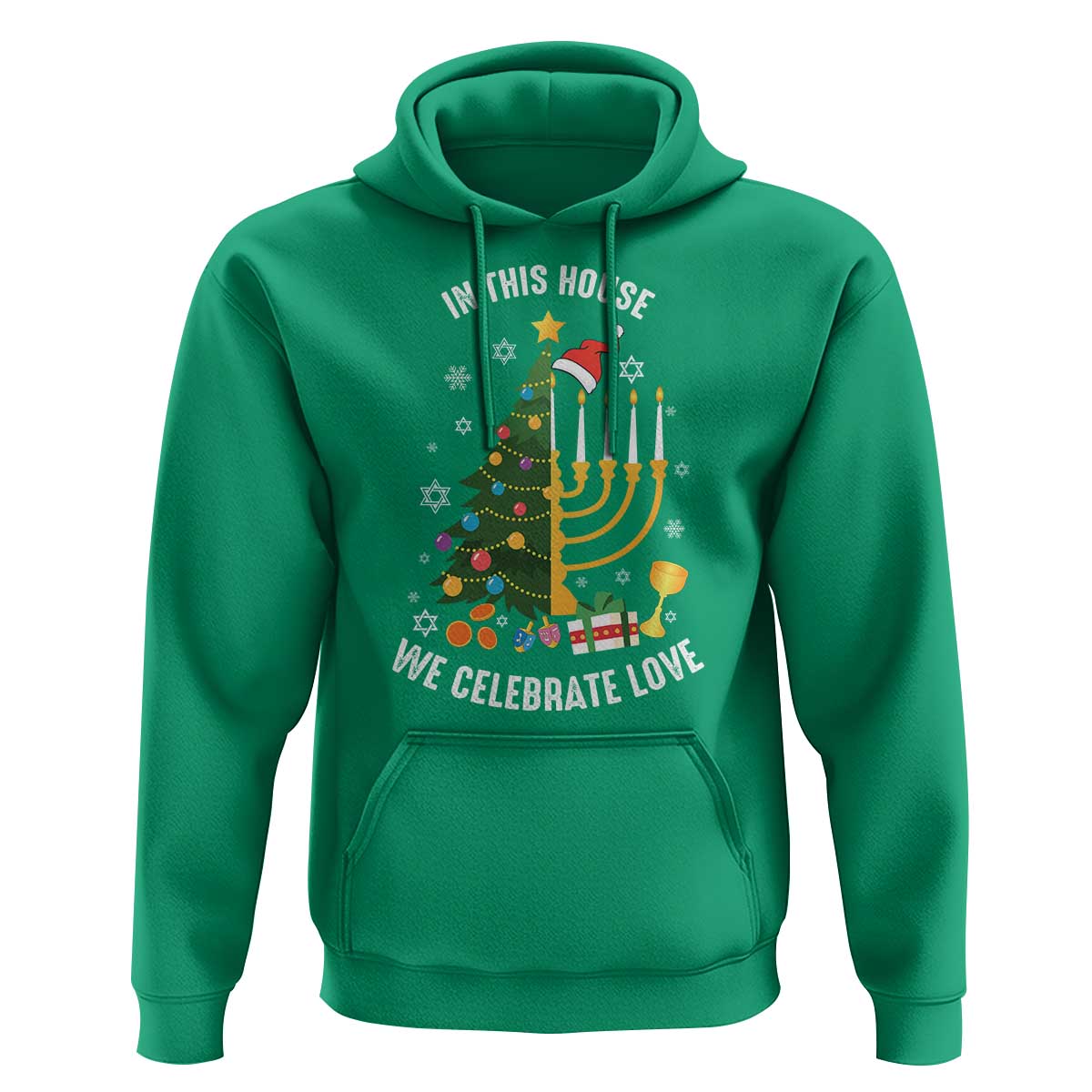 Funny Chrismukkah Hanukkah Christmas Hoodie In This House We Celebrate Love Xmas Tree Menorah