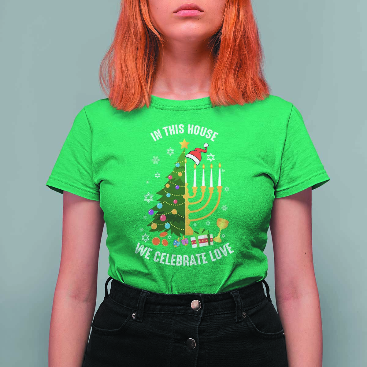 Funny Chrismukkah Hanukkah Christmas T Shirt For Women In This House We Celebrate Love Xmas Tree Menorah - Wonder Print Shop