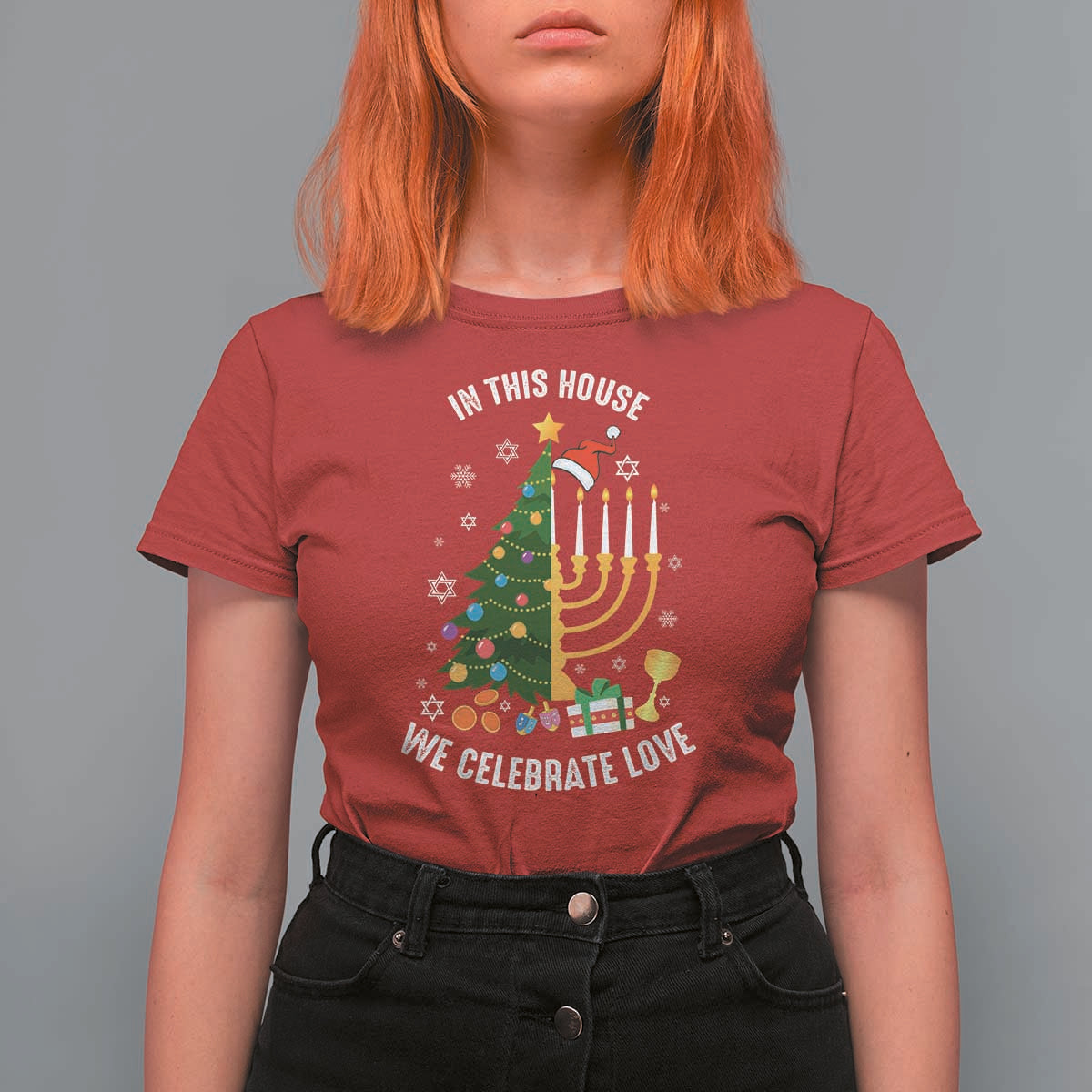 Funny Chrismukkah Hanukkah Christmas T Shirt For Women In This House We Celebrate Love Xmas Tree Menorah - Wonder Print Shop