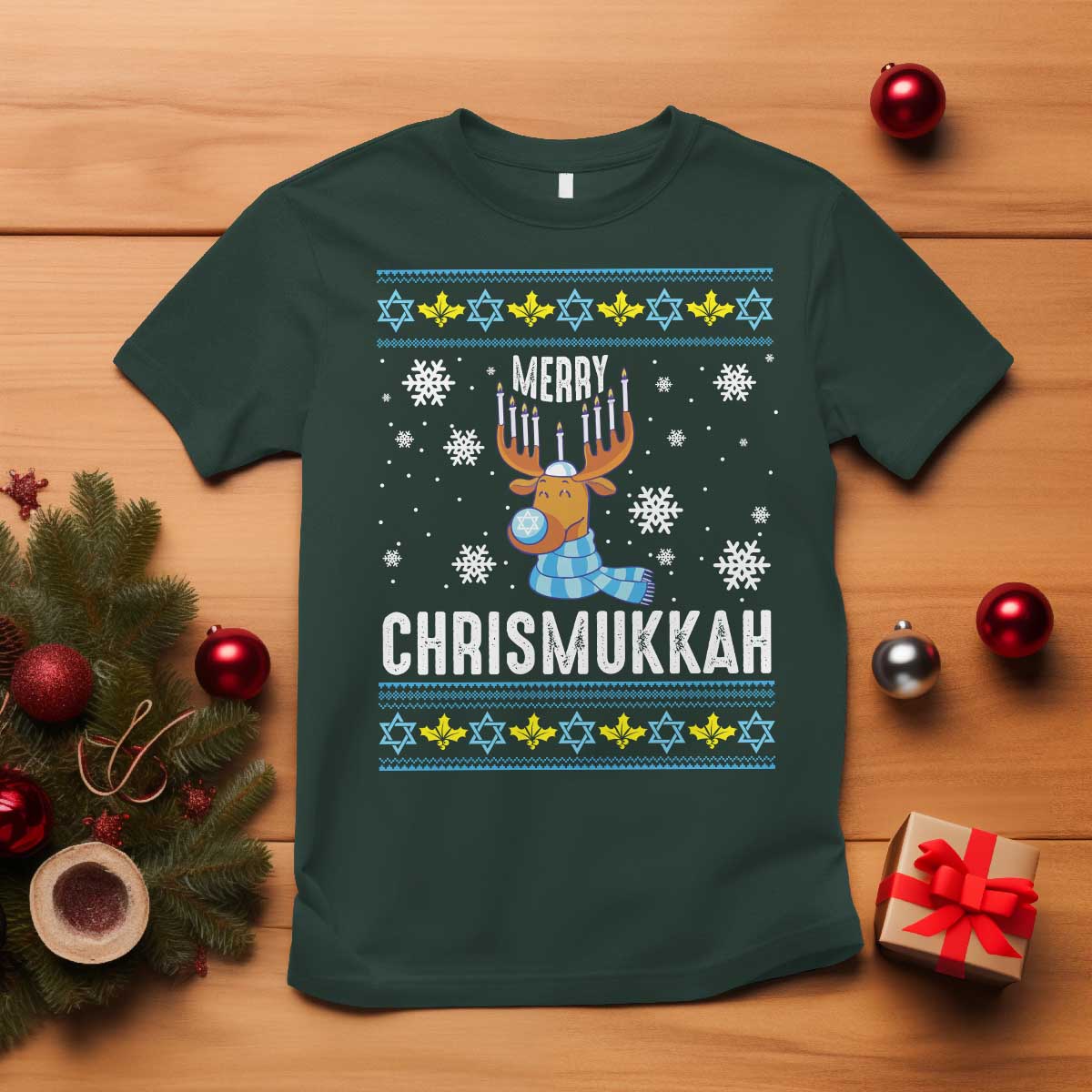 Funny Hanukkah Christmas T Shirt Merry Chrismukkah Reindeer David Stars Menorah - Wonder Print Shop