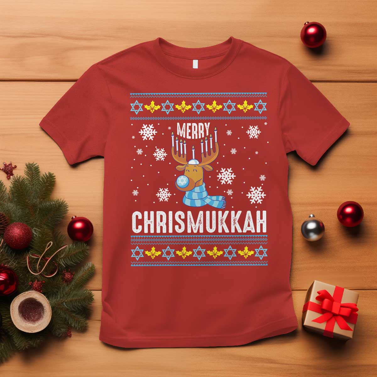 Funny Hanukkah Christmas T Shirt Merry Chrismukkah Reindeer David Stars Menorah - Wonder Print Shop