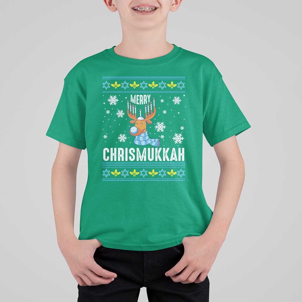 Funny Hanukkah Christmas T Shirt For Kid Merry Chrismukkah Reindeer David Stars Menorah - Wonder Print Shop