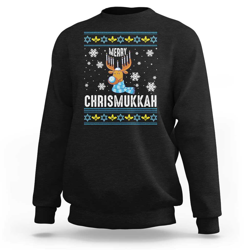 Funny Hanukkah Christmas Sweatshirt Merry Chrismukkah Reindeer David Stars Menorah - Wonder Print Shop
