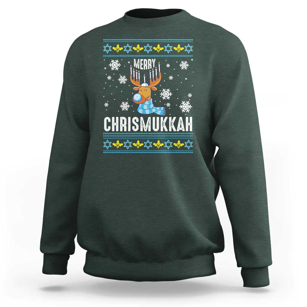 Funny Hanukkah Christmas Sweatshirt Merry Chrismukkah Reindeer David Stars Menorah - Wonder Print Shop