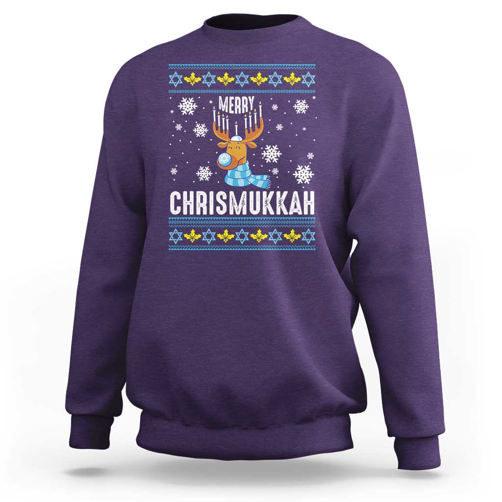 Funny Hanukkah Christmas Sweatshirt Merry Chrismukkah Reindeer David Stars Menorah - Wonder Print Shop