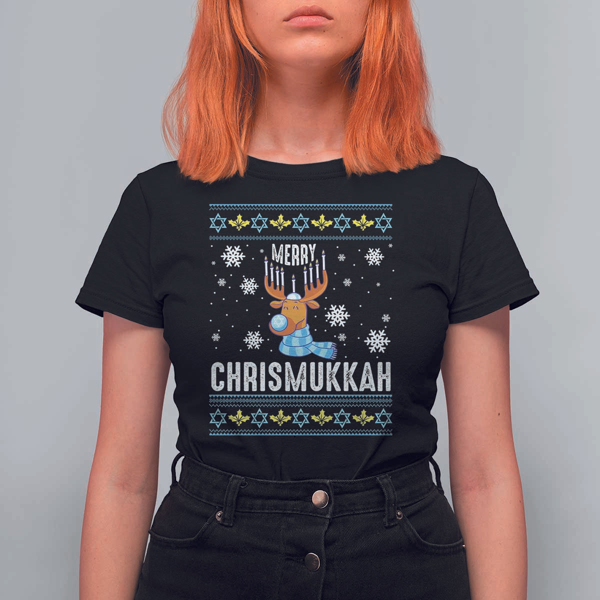 Funny Hanukkah Christmas T Shirt For Women Merry Chrismukkah Reindeer David Stars Menorah - Wonder Print Shop