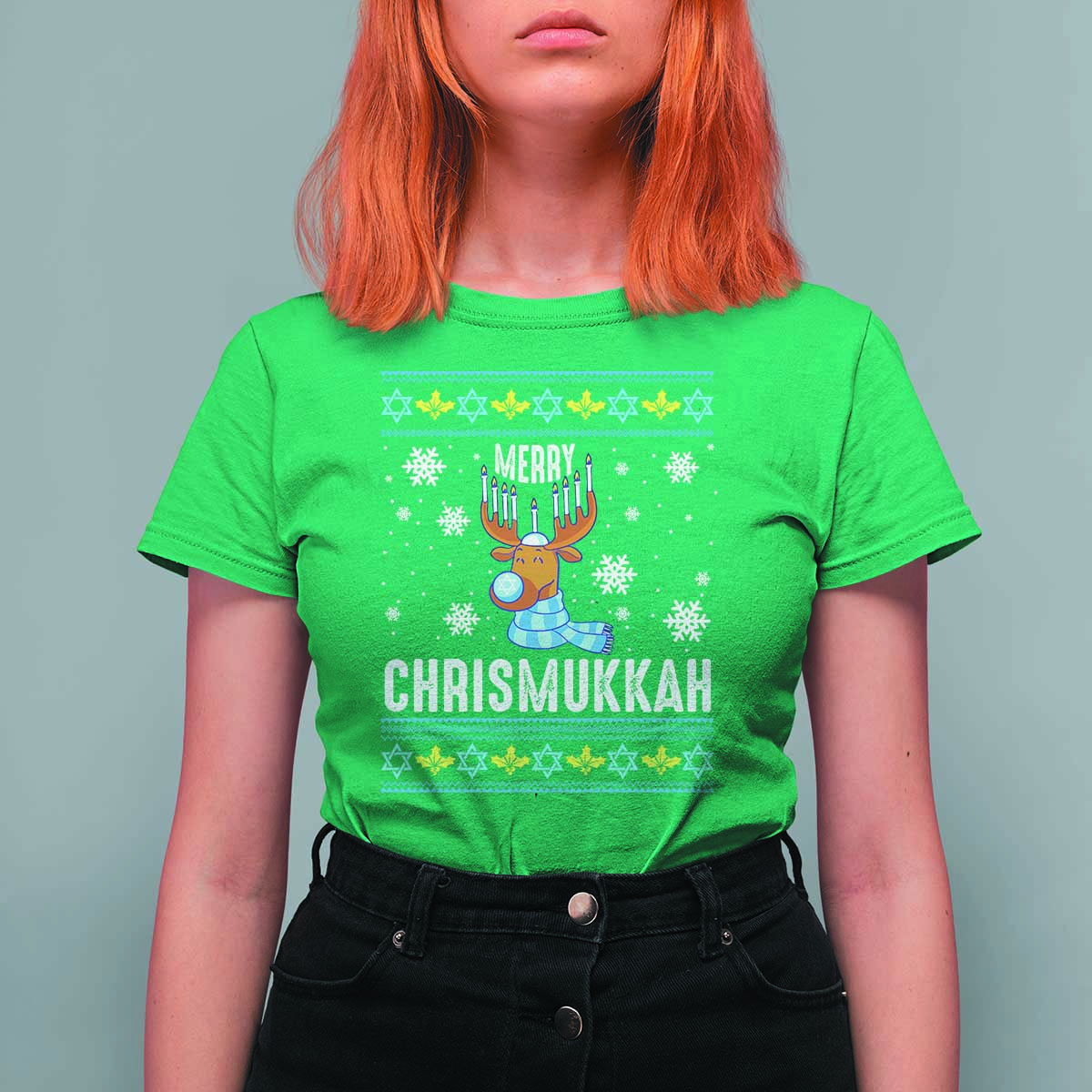 Funny Hanukkah Christmas T Shirt For Women Merry Chrismukkah Reindeer David Stars Menorah - Wonder Print Shop