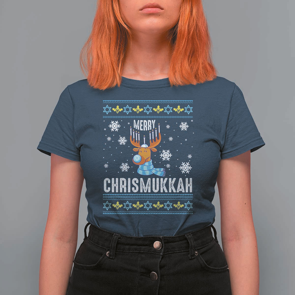 Funny Hanukkah Christmas T Shirt For Women Merry Chrismukkah Reindeer David Stars Menorah - Wonder Print Shop